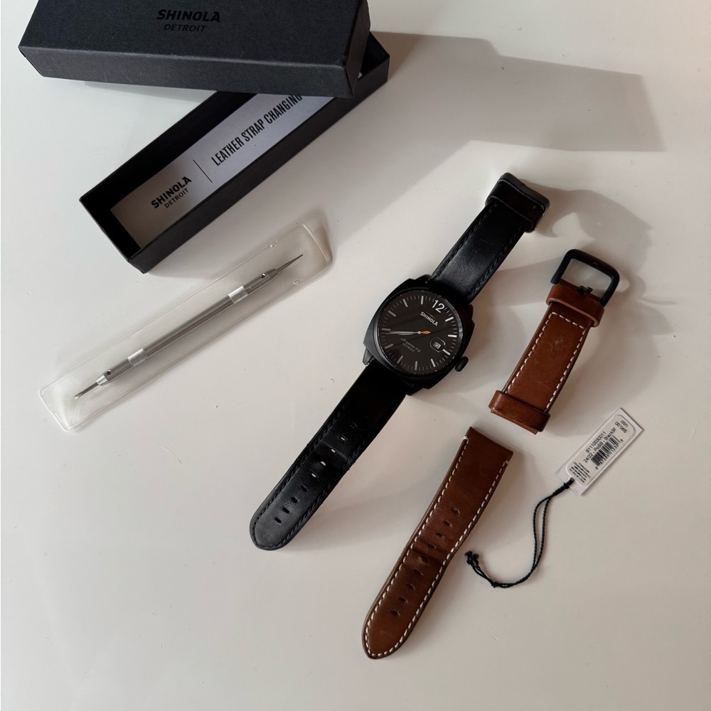 Shinola Brakeman Black Dial Watch with Black and Brown Leather Straps